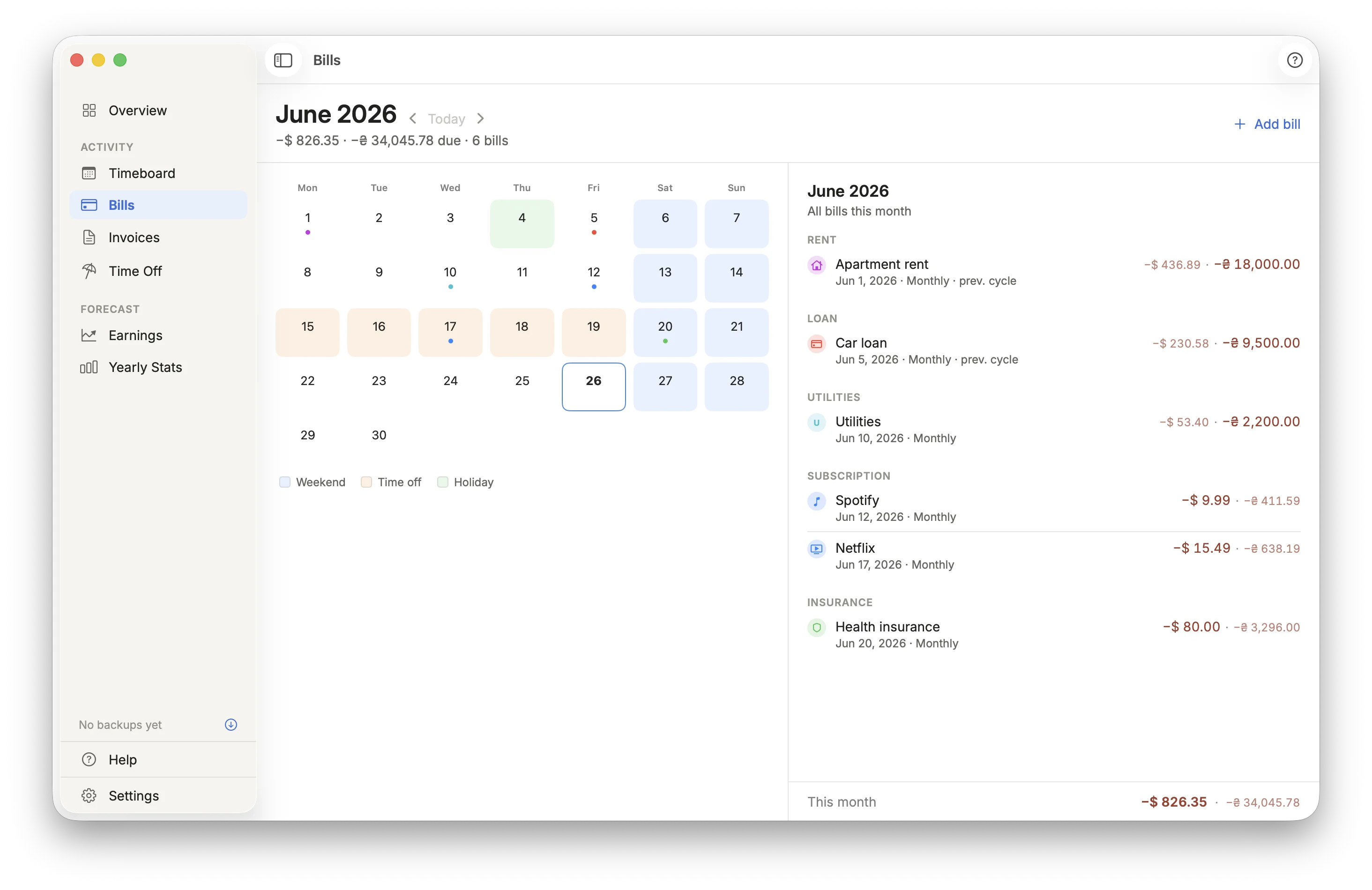 Kasso Bills calendar with recurring and one-time expenses