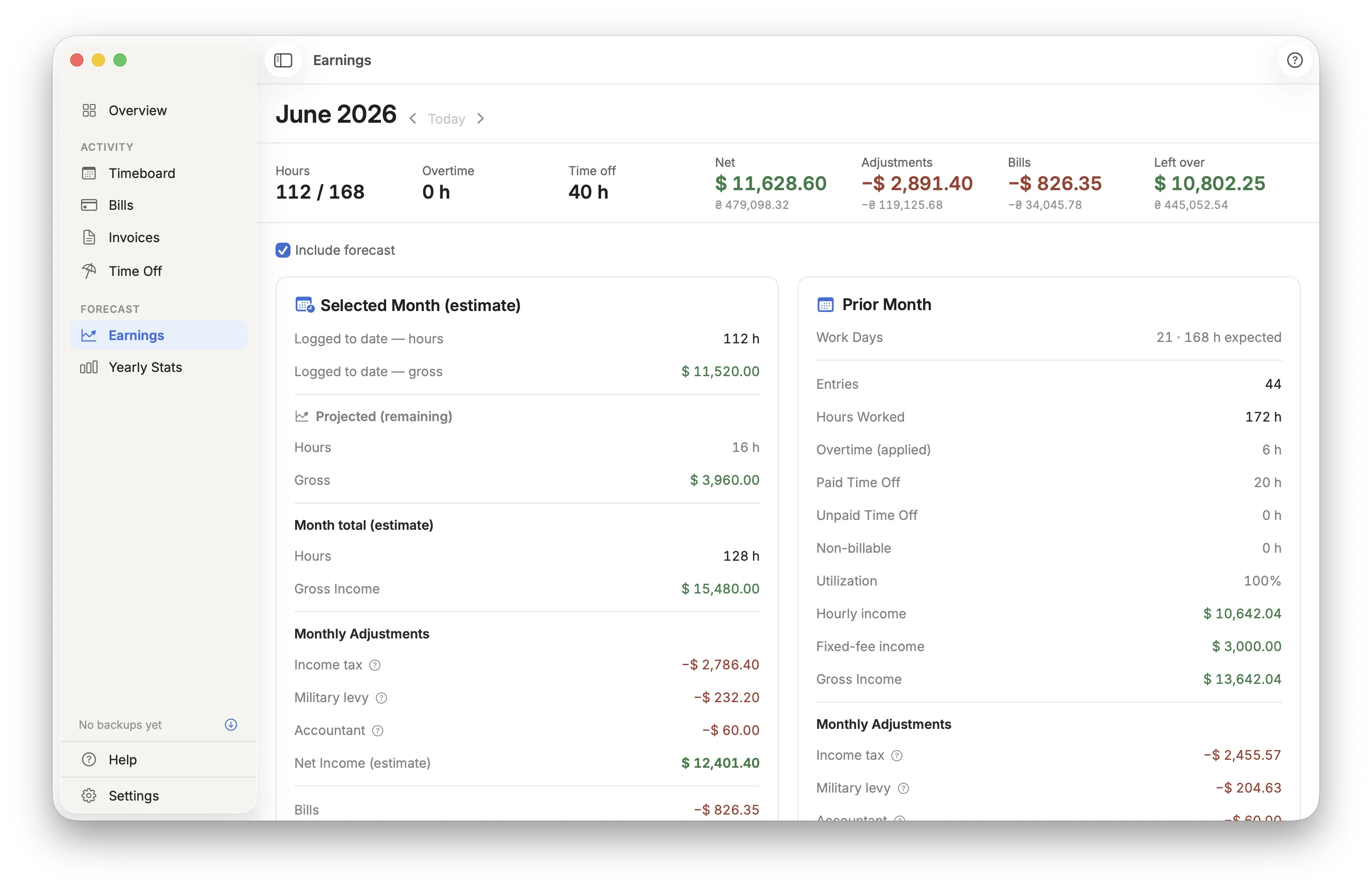 Kasso Earnings view with gross and net summaries