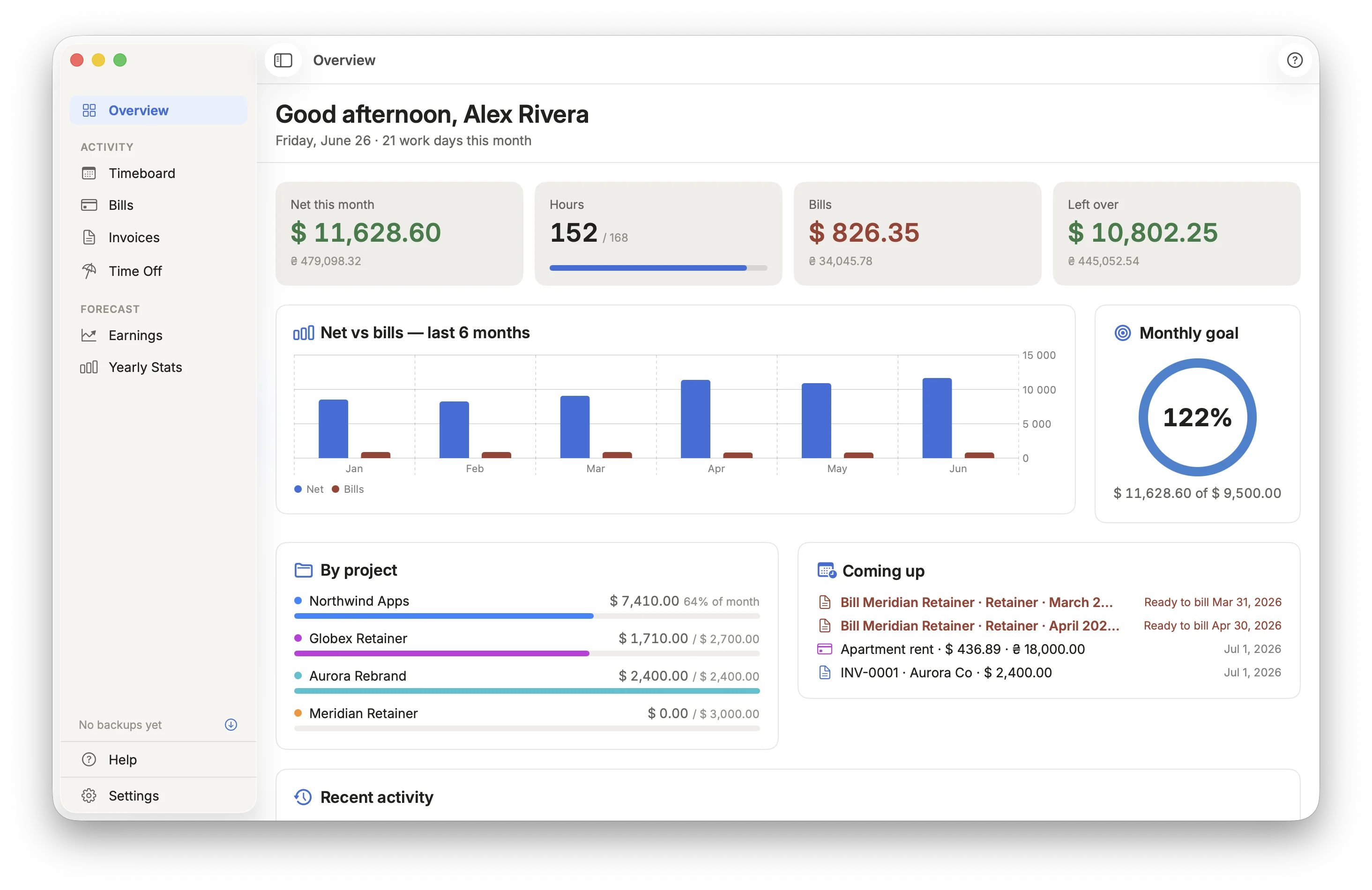 Kasso Overview screen showing net income, bills, and monthly goal progress
