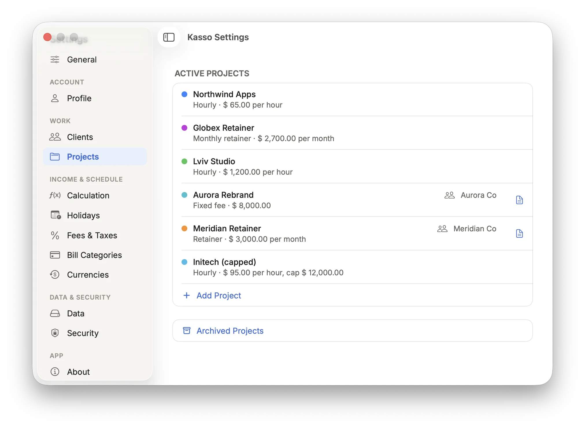 Kasso Projects and clients settings