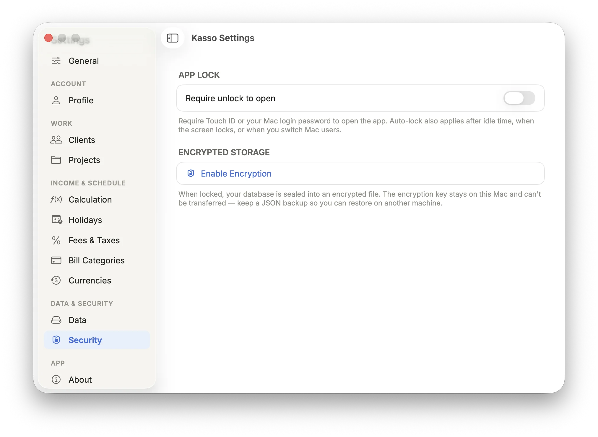 Kasso Security settings with Touch ID and encryption options