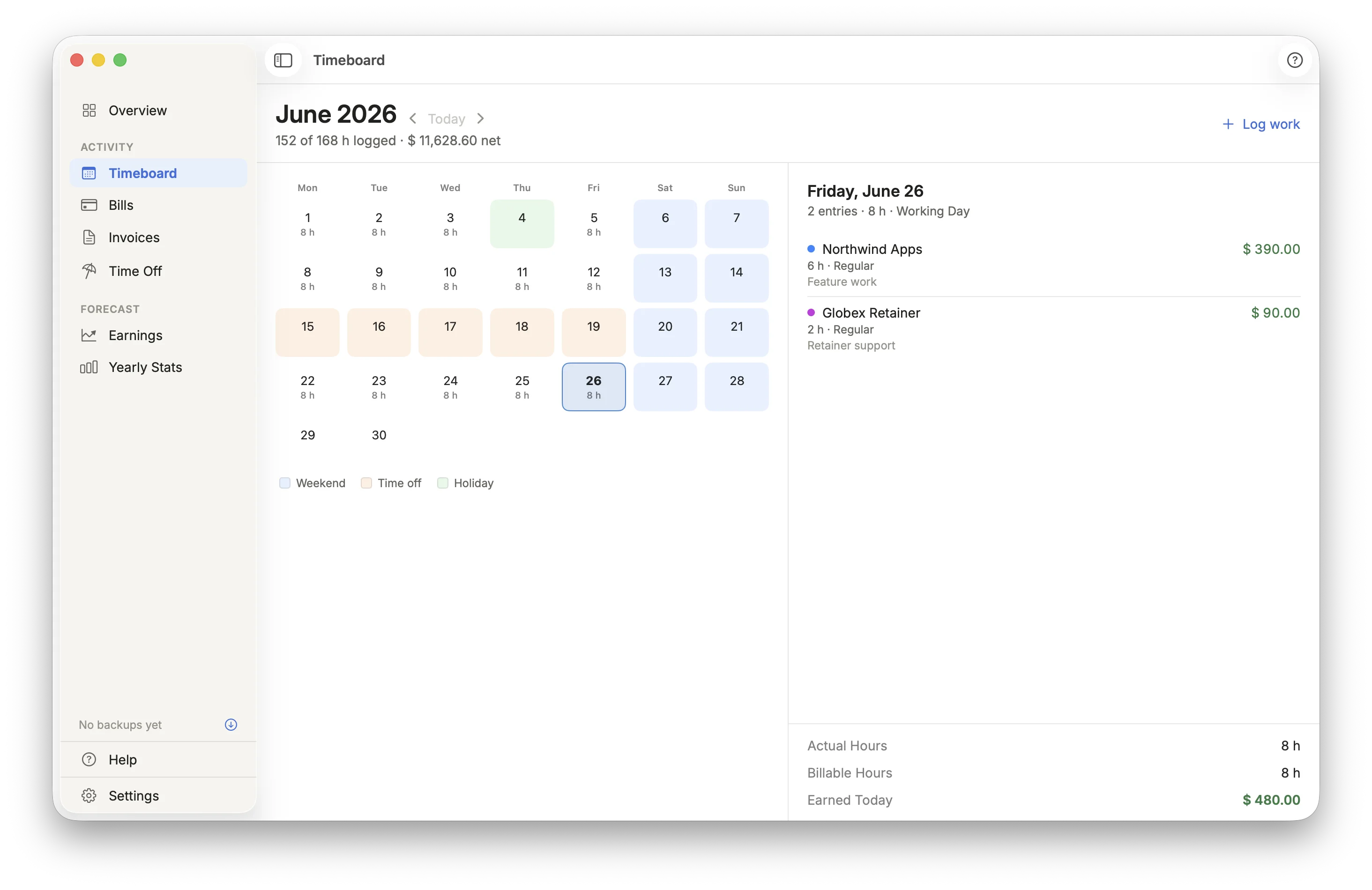 Kasso Timeboard with month calendar and daily work log